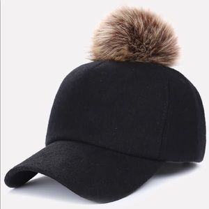 NEW Black Vegan Wool Pom Baesball Cap Hat